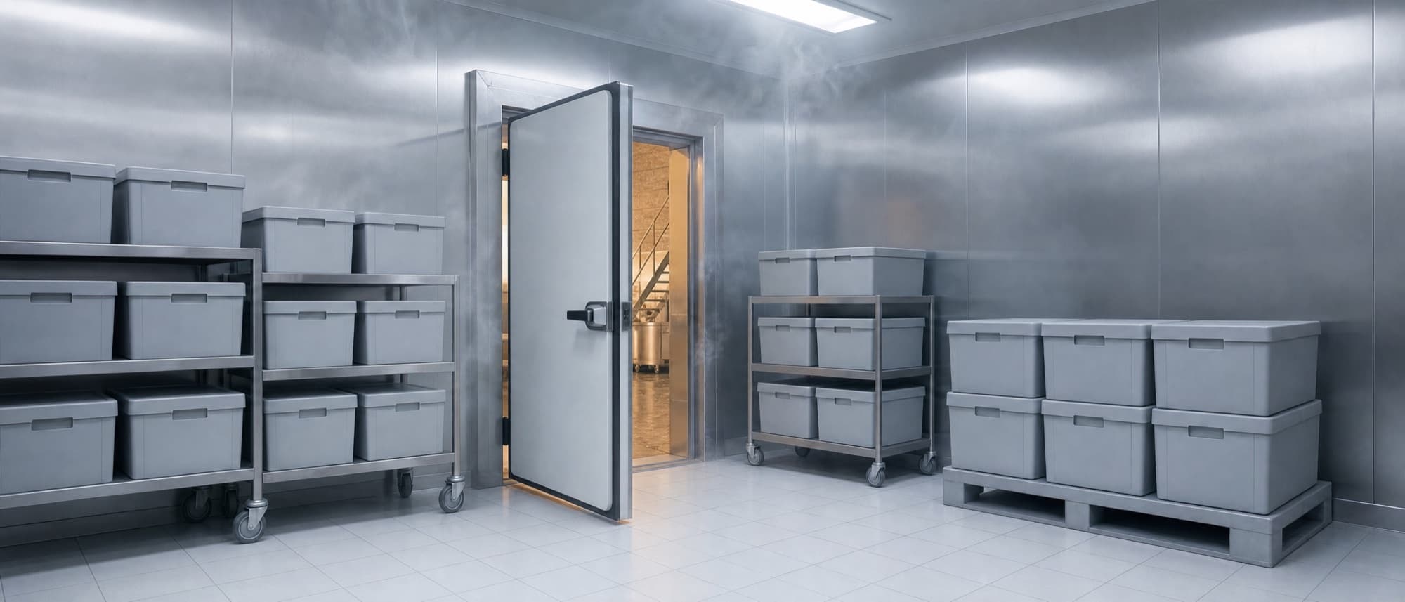 Šedé termoboxy naskládané na vozících a na paletě v chladicím boxu.