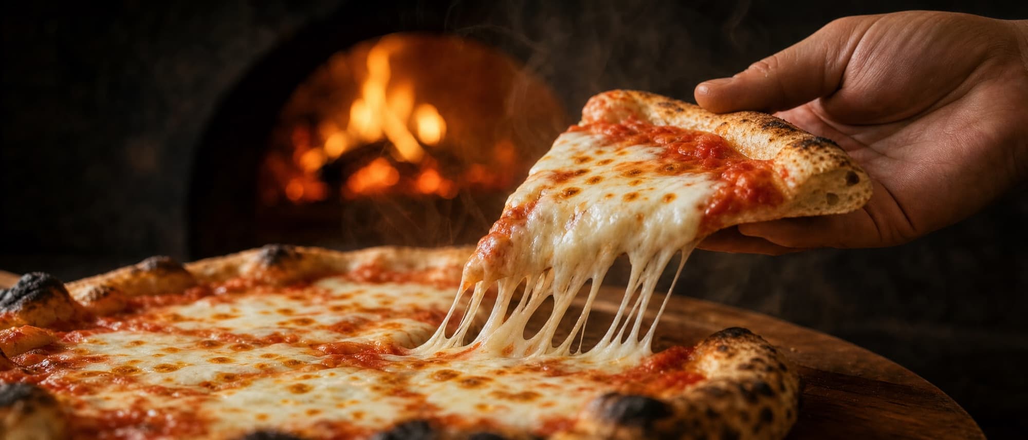 Zvednutý kus pizzy, ze kterého se táhnou nitky roztavené mozzarelly.